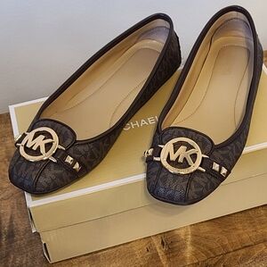 Michael Kors Brown Fulton Studded Logo Moccasin/Ballet Flats with Gold MK Logo